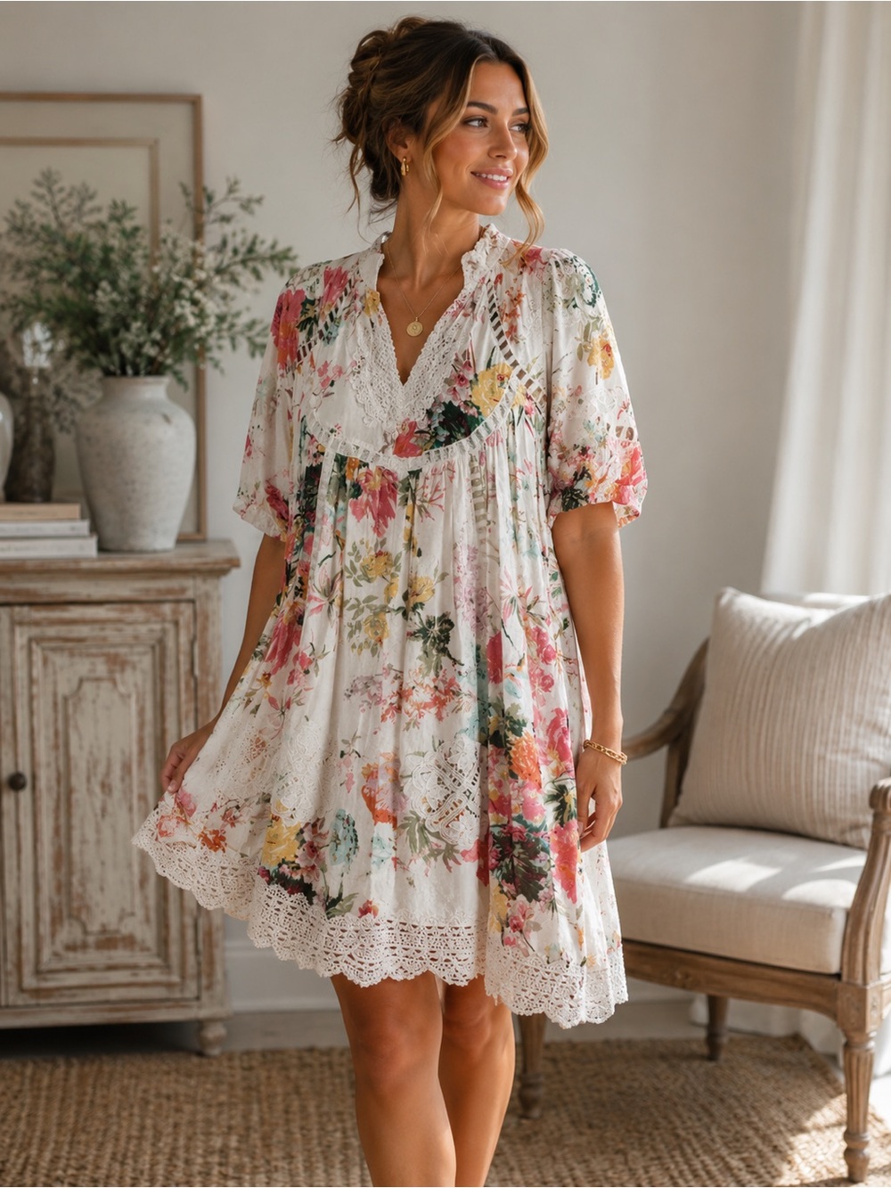 Beautiful Details White Floral Mini Dress with Lace Trim